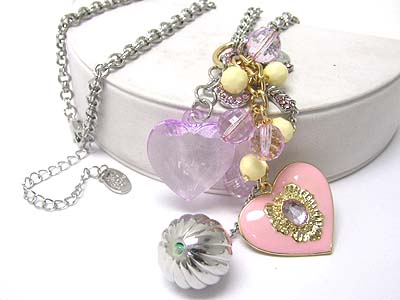 Crystal ribbon and multi heart and beads charm drop necklace