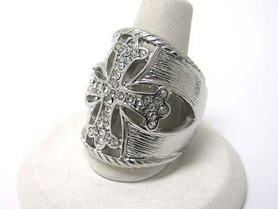 Crystal cross accent metal cut out wide metal band ring