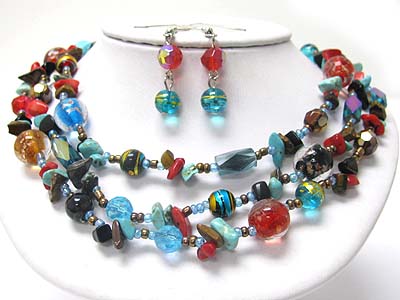 Multi strand mixed natural chip stone necklace earring set