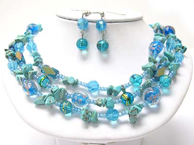 Multi strand mixed natural chip stone necklace earring set