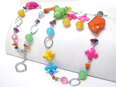 Spring theme flower and butterfly mixed acryl beads long necklace earring set