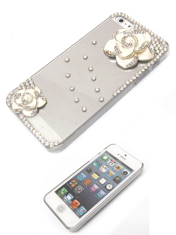 Multi crystal with two crystal metal epoxy flowers on cellphone case - hard case for iphone 5