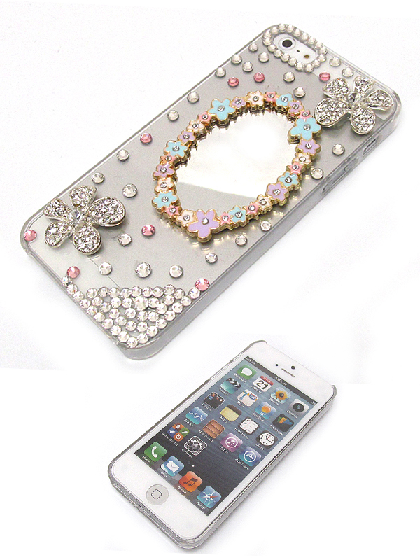 Multi crystal metal flowers and metal mirror with pearl on cellphone case - hard case for iphone 5