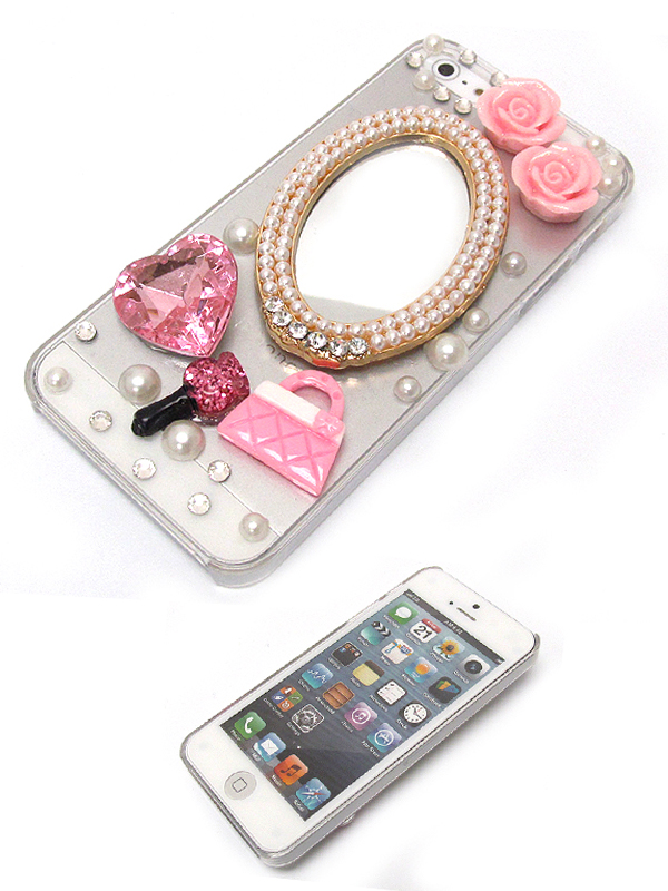 Acryl flowers with handbag and heart metal mirror with pearl on cellphone case - hard case for iphone 5