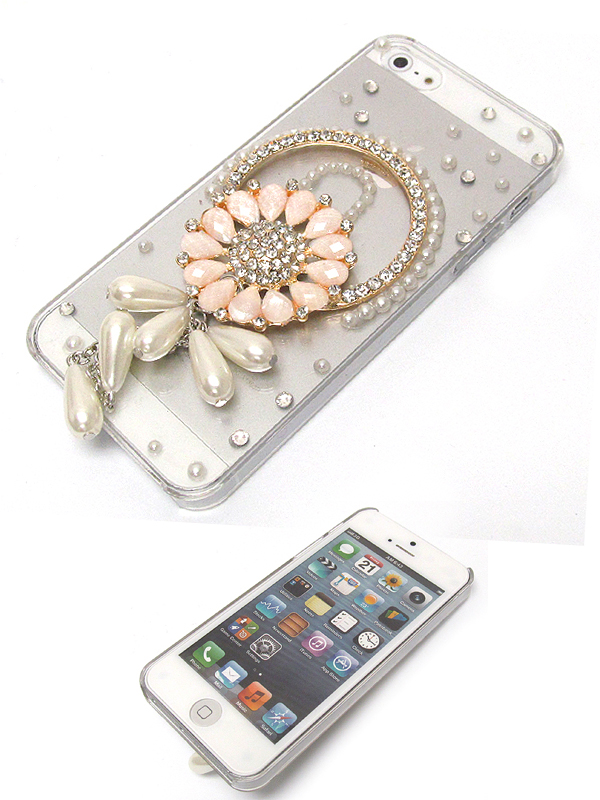 Crystal glass flower with crystl and multi size pearls on cellphone case - hard case for iphone 5