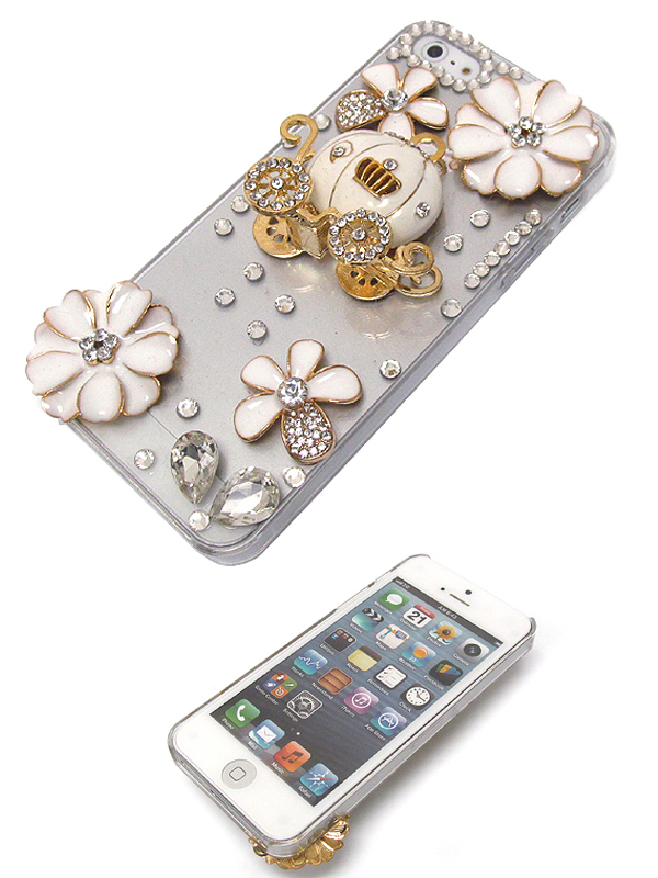 Multi crystal wtith four epoxy metal flowers and epoxy metal carriage on cellphone case- hard case for iphone 5