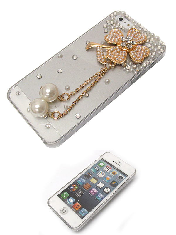 Multi pearls on metal flower drop chain with two peral on cellphone case - hard case for iphone 5