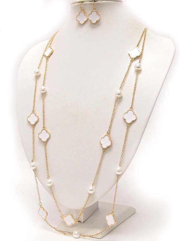 Multi metal epoxy flower and pearls drop long chain necklace earring set