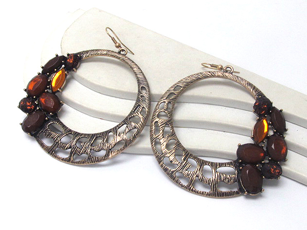 Multi acrylic stone and metal filigree hoop earring - hoops