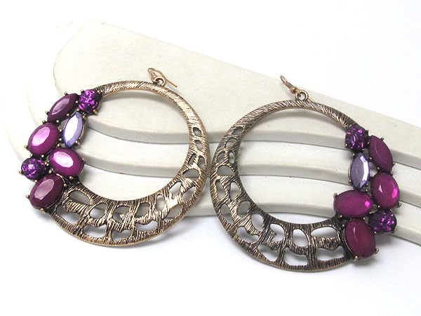 Multi acrylic stone and metal filigree hoop earring - hoops