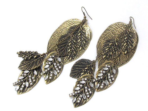 Crystal deco branch and multi leaf drop earring 