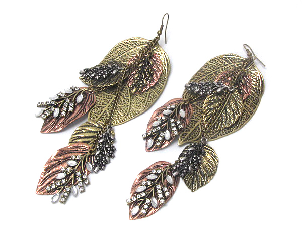 Crystal deco branch and multi leaf drop earring 