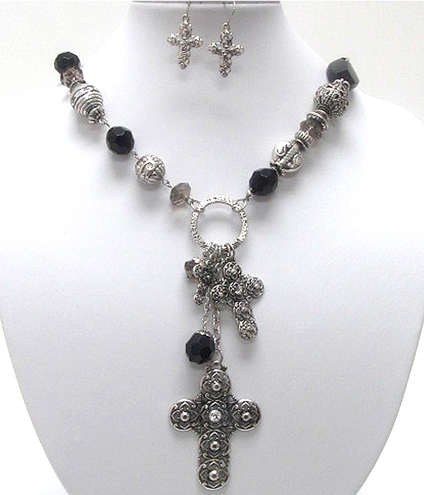 Multi textured metal cross dangle necklace earring set