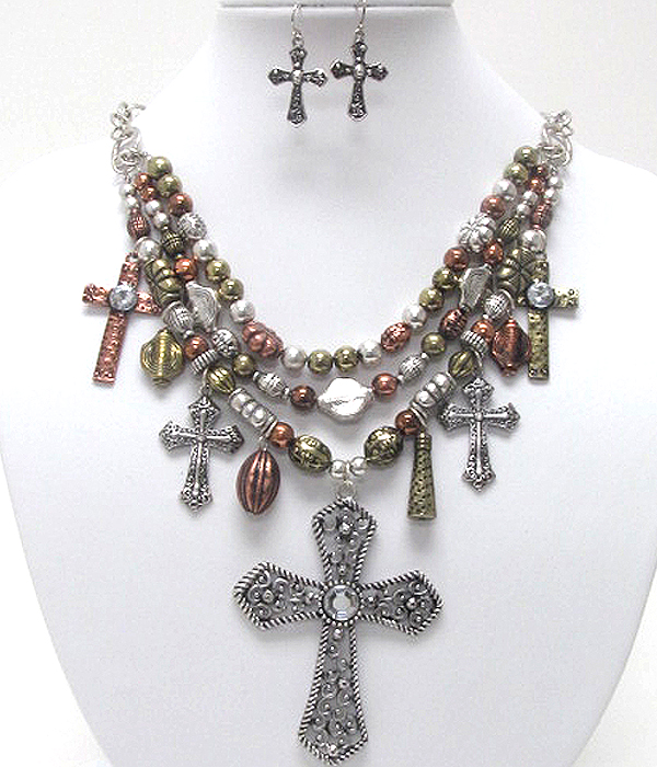 Triple layer multi cross charm dangle necklace eqarring set