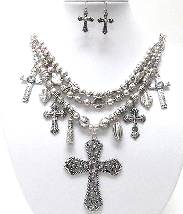 Triple layer multi cross charm dangle necklace eqarring set