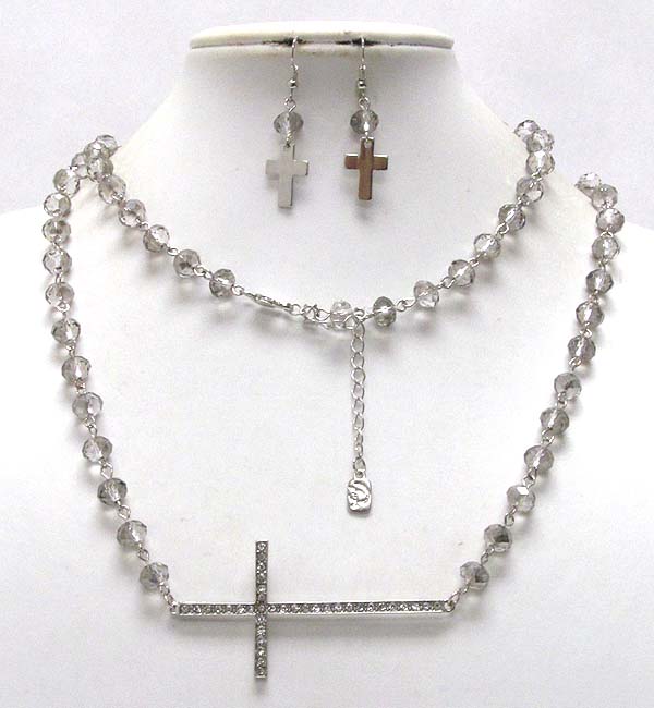 Crystal cross with multi crystal glass beads drop long chain necklace earring set