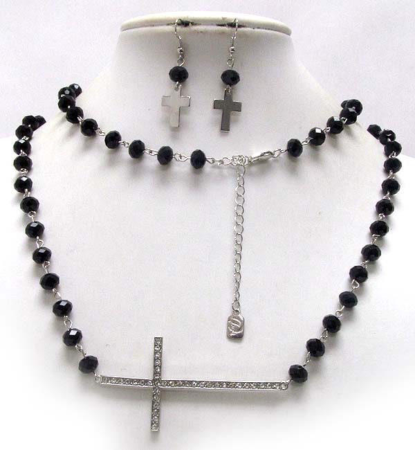 Crystal cross with multi crystal glass beads drop long chain necklace earring set