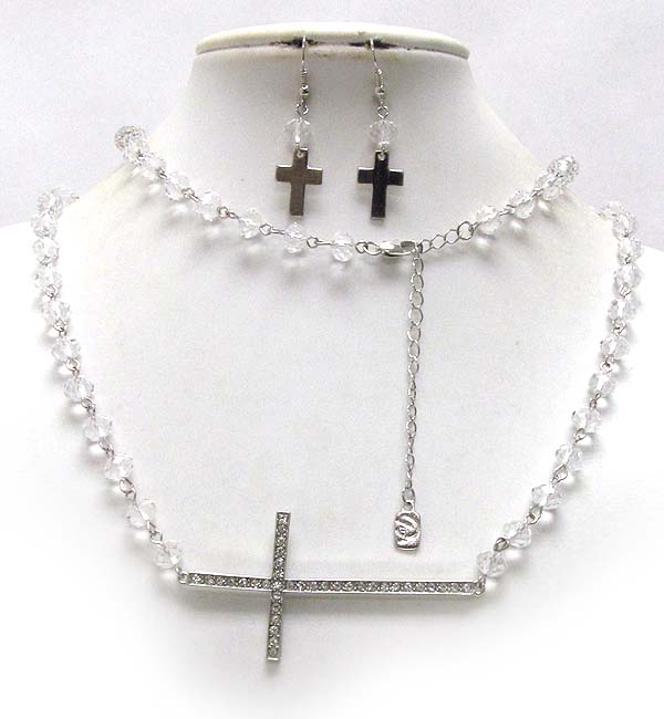 Crystal cross with multi crystal glass beads drop long chain necklace earring set