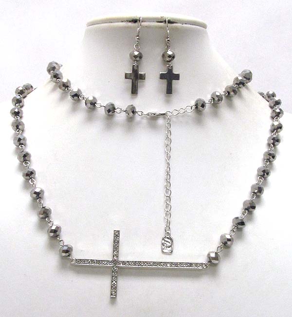 Crystal cross with multi crystal glass beads drop long chain necklace earring set