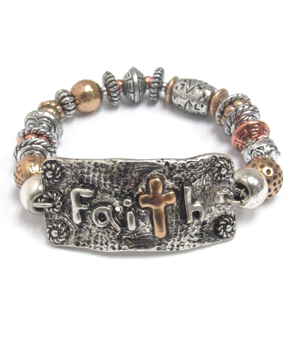 Handmade plate and multi bead stretch bracelet - faith