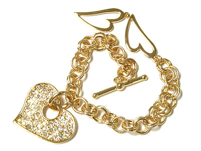 Pave crystal heart charm asnd chain toggle bracelet