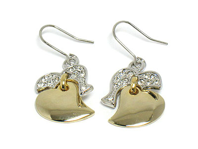 Made in korea whitegold plating two tone crystal double heart earring