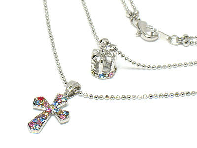 Made in korea whitegold plating crystal cross and crown double chain necklace