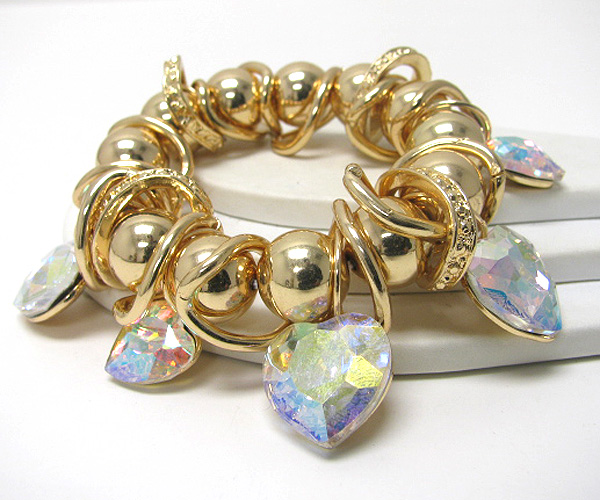 Multi glass heart charm and metal ball stretch bracelet