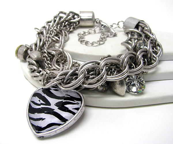 Facet glass heart charm and multi massive metal chain bracelet