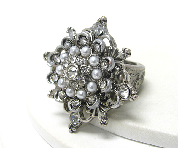 Pearl and crystal deco flower stretch ring