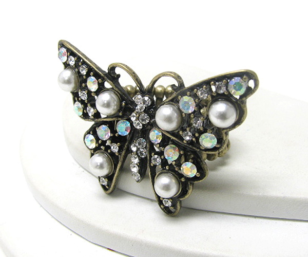 Pearl and crystal deco butterfly stretch ring