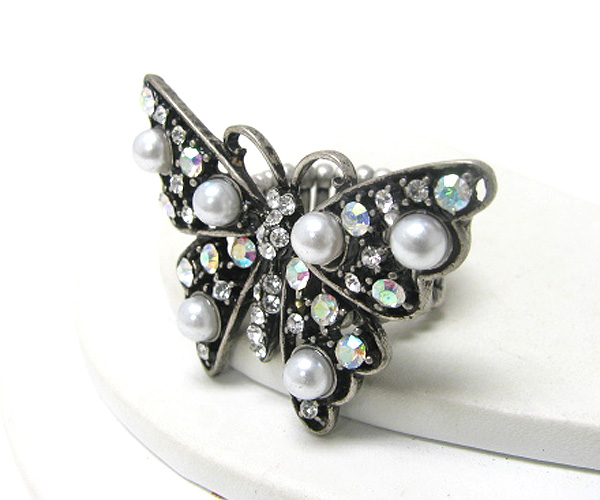 Pearl and crystal deco butterfly stretch ring