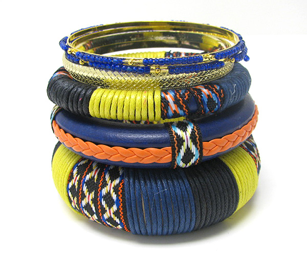 Fabric and leather mixed wrap multi row bangle set