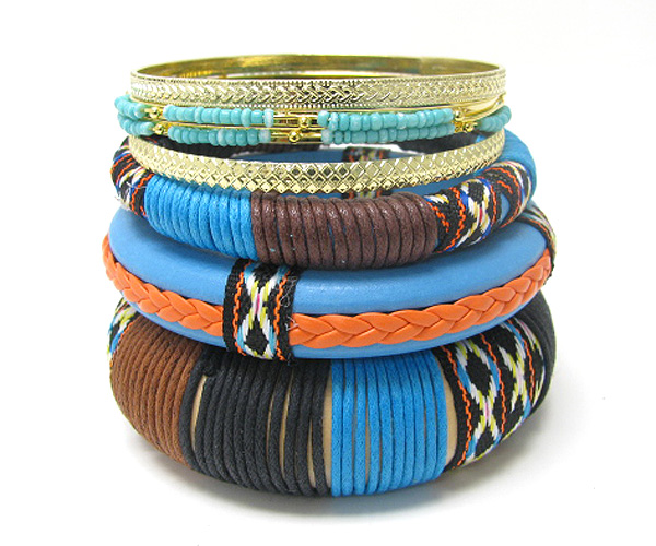 Fabric and leather mixed wrap multi row bangle set