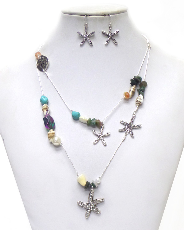 2 layer sea life theme multi stones with starfish necklace set 