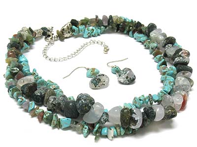 Natural stone and turquoise chip stone triple strands necklace and earring set 