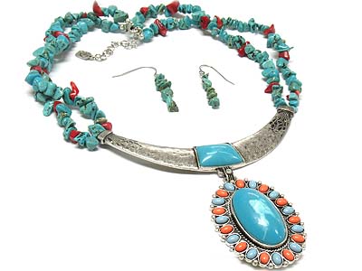 Turquoise oval stone pendant double chip stone strands necklace and earring set