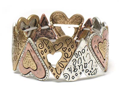 Multi pattern filigree heart link elastic bracelet