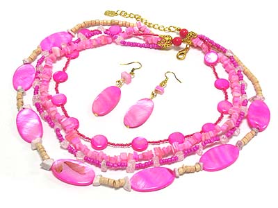 Multi strand multi shape shell disk and chip stone wood beads deco necklace and earring set 