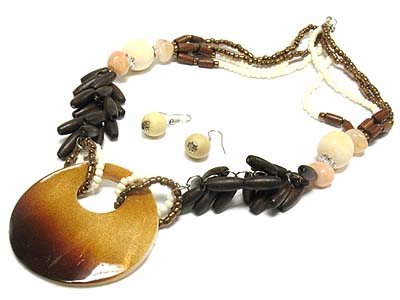 Large shell round pendant wood and seed beads deco strand necklace and earring set 