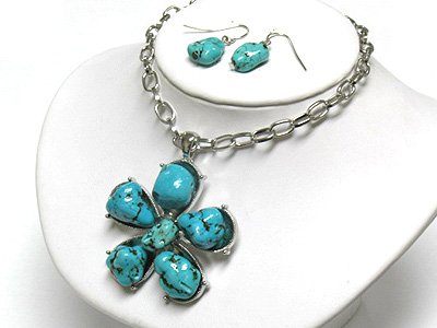 Turquoise deco flower pendant necklace and earring set