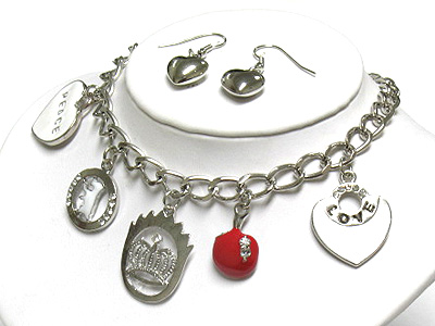 Heart and crown dangle necklace and earring set