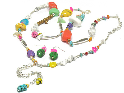 Multi color natural stone link long y drop necklace and earring set