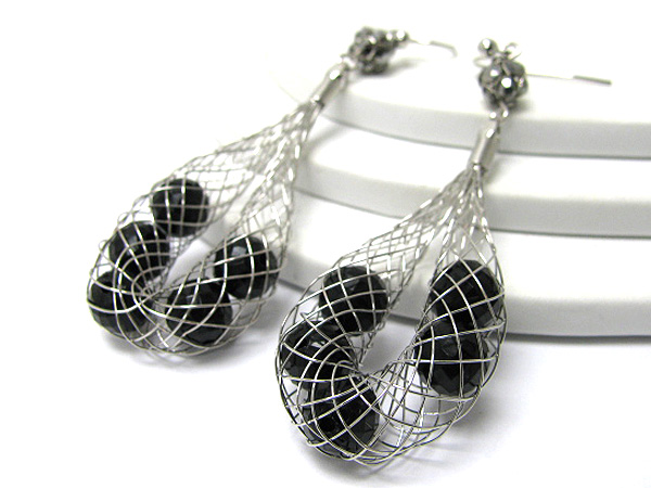 Facet glass stone inside metal wired earring