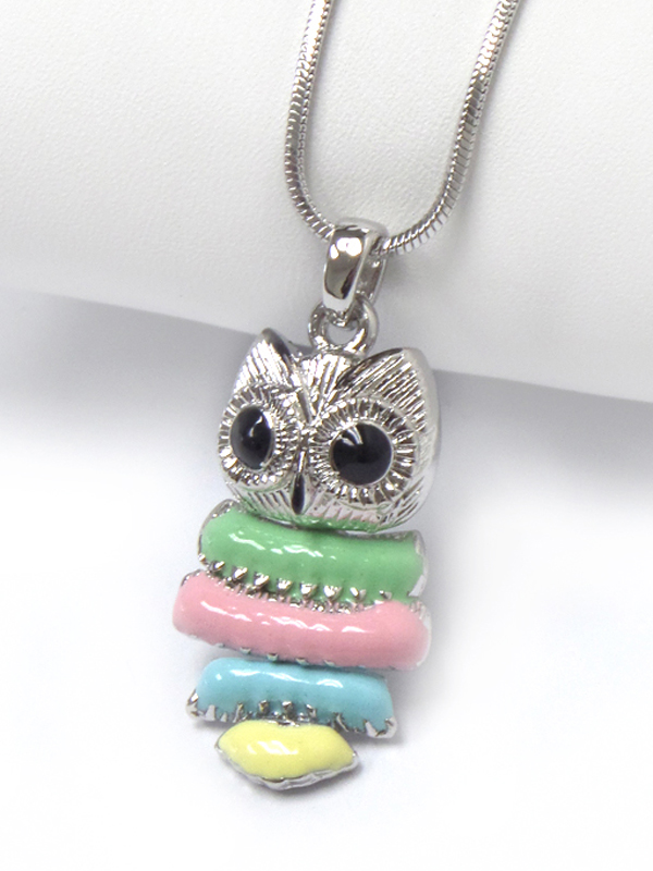 Made in korea whitegold plating crystal eye and epoxy body owl pendant necklace