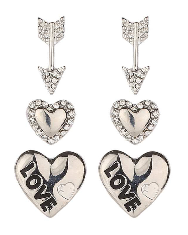 Valentine heart and arrow three pair earring set -valentine