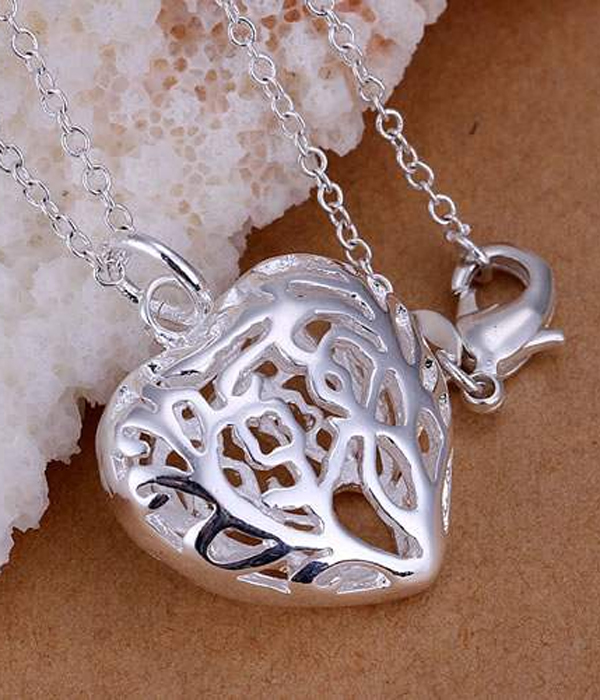 925 sterling silver plating filigree puffy heart pendant necklace