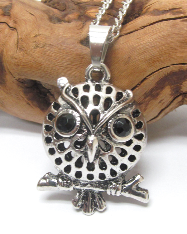 Tibetan silver metal textured owl pendant necklace