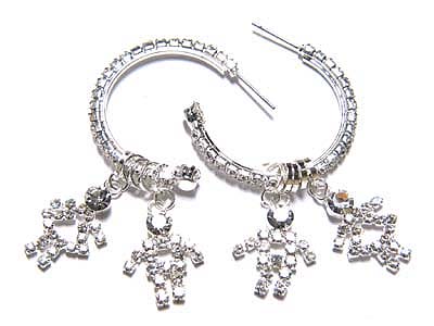 Rhinestone hoop and boy and girl charm earring - hoops