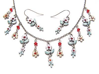 Multi color bead and crystal accent blossom necklace set